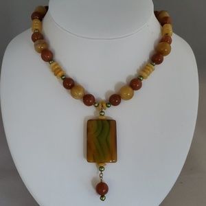 Agate, Yellow Jade & Fresh Water Pearl Pendant